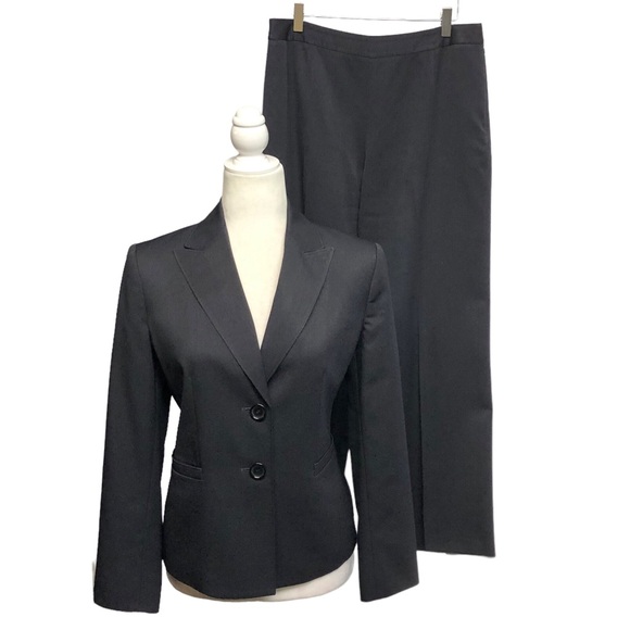 Charcoal Pinstriped Career Pantsuit Peak Lapel High Waist Size 8P Petite Le Suit - Picture 14 of 14